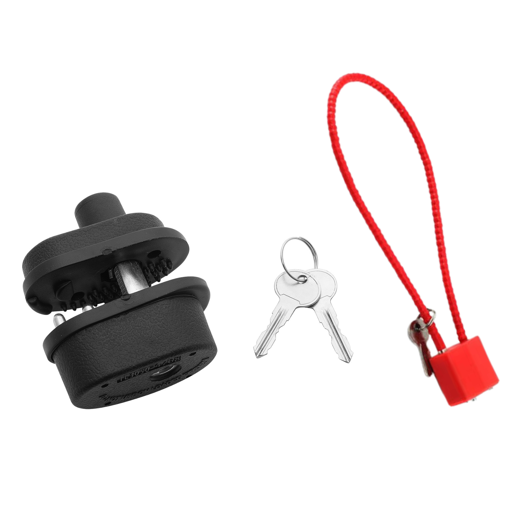 Photo of a black gun trigger lock and a red gun cable lock